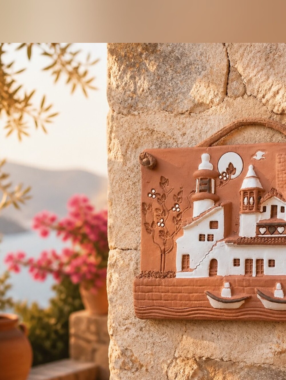 traditional Portuguese 3D relief wall plaque portraying a scenic coastal village